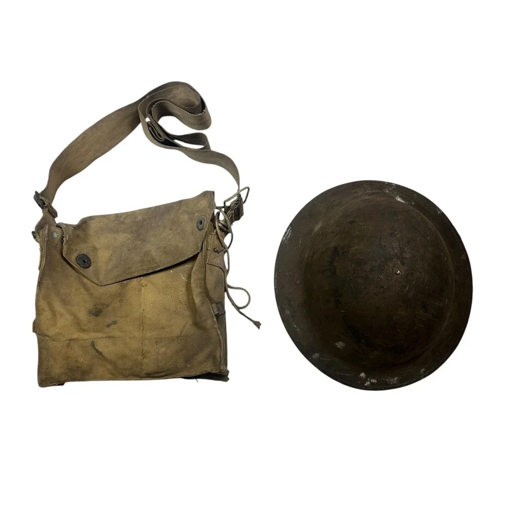 Original WW1 Doughboy M1917 Helmet with Satchel Stamped R/V 34 Red Paint  - Read